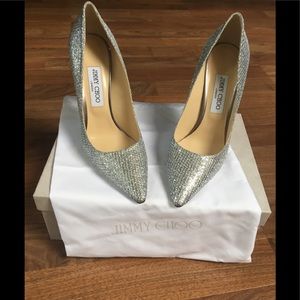Jimmy Choo Romy Silver Glitter Fabric Pump